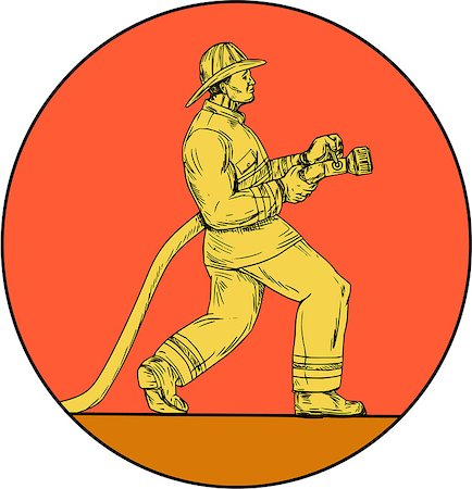 simsearch:400-08623964,k - Drawing sketch style illustration of a fireman fire fighter emergency worker holding fire hose viewed from the side set inside circle on isolated background. Foto de stock - Royalty-Free Super Valor e Assinatura, Número: 400-08919573