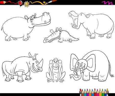 simsearch:400-08406201,k - Black and White Cartoon Illustration of Safari Animal Characters Set Coloring Page Foto de stock - Super Valor sin royalties y Suscripción, Código: 400-08919608
