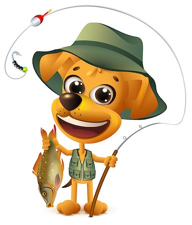 fisherman, big fish - Funny yellow dog fisherman holds large fish. Successful fishing big catch. Isolated on white vector cartoon illustration Stock Photo - Budget Royalty-Free & Subscription, Code: 400-08919674