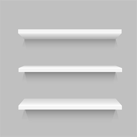 simsearch:400-08863068,k - Three simple white shelves template with shadow for goods on gray background. Frame supermarket shop furniture design. Demonstration board Fotografie stock - Microstock e Abbonamento, Codice: 400-08919670
