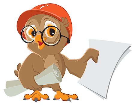 engineers hat cartoon - Owl engineer builder in helmet with drawings paper. Isolated on white vector cartoon illustration Stock Photo - Budget Royalty-Free & Subscription, Code: 400-08919725
