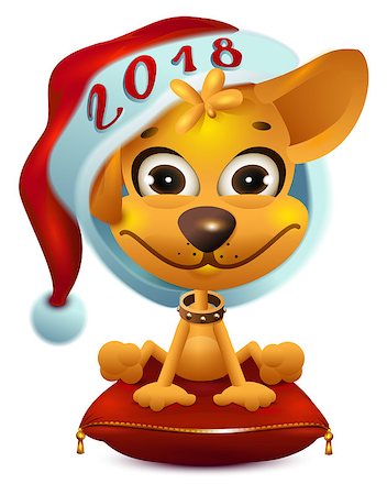 simsearch:400-09065162,k - Yellow dog in santa hat symbol 2018. Isolated on white fun vector cartoon illustration Stock Photo - Budget Royalty-Free & Subscription, Code: 400-08919735