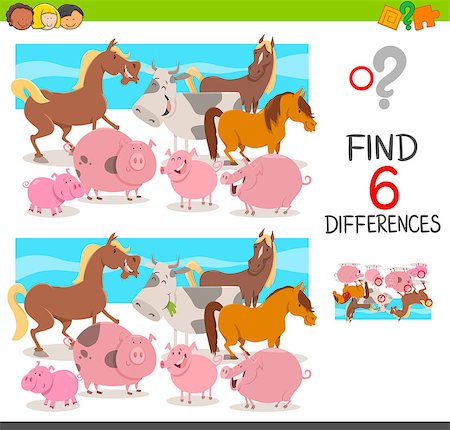 simsearch:400-08916719,k - Cartoon Illustration of Spot the Differences Educational Game for Children with Cow and Pigs and Horses Farm Animal Characters Stock Photo - Budget Royalty-Free & Subscription, Code: 400-08919806