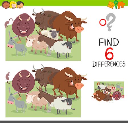 Cartoon Illustration of Spot the Differences Educational Game for Children with Bulls and Sheep and Donkeys Farm Animal Characters Stock Photo - Budget Royalty-Free & Subscription, Code: 400-08919807