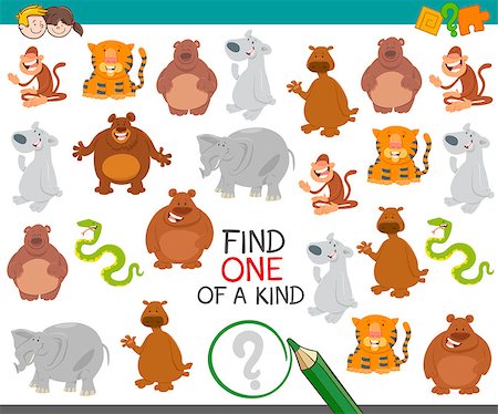 simsearch:400-08917554,k - Cartoon Illustration of Find One of a Kind Educational Activity Game for Children with Animal Characters Photographie de stock - Aubaine LD & Abonnement, Code: 400-08919824