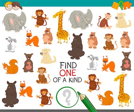 simsearch:400-08917554,k - Cartoon Illustration of Find One of a Kind Educational Activity Game for Preschool Children with Cute Animal Characters Stockbilder - Microstock & Abonnement, Bildnummer: 400-08919823