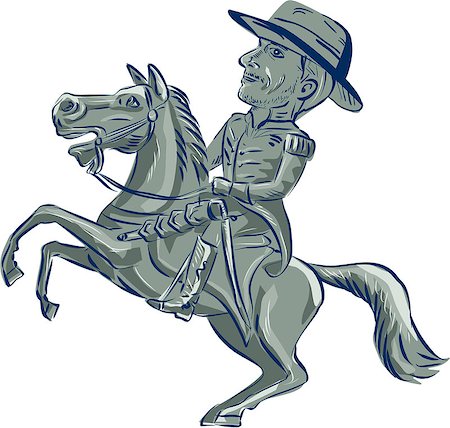 Illustration of an american cavalry officer riding horse prancing viewed from the side set on isolated white background done in cartoon style. Photographie de stock - Aubaine LD & Abonnement, Code: 400-08919969