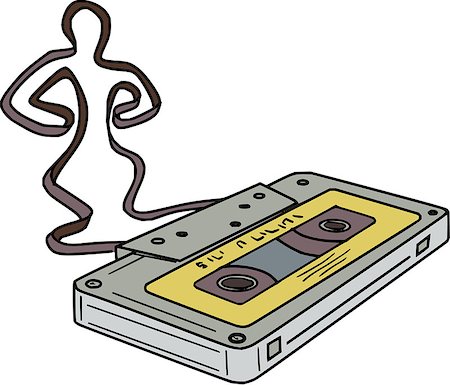 simsearch:400-08920013,k - Mono line style illustration of a Compact Cassette or Musicassette, also commonly called cassette tape, audio cassette, or simply tape or cassette,with analog magnetic tape in the form and shape of a man dancing. Foto de stock - Royalty-Free Super Valor e Assinatura, Número: 400-08919999