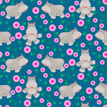 simsearch:400-08935822,k - Hippos cartoon vector seamless pattern. Savannah wild zoo animal blue background with pink flowers. Stock Photo - Budget Royalty-Free & Subscription, Code: 400-08929741