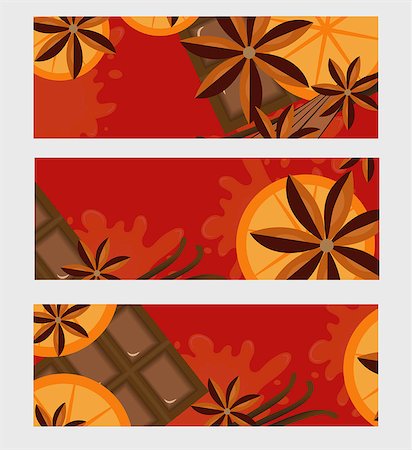 Red background with orange, cinnamon and chocolate. Mulled wine concept with space for text. Vector illustration Stock Photo - Budget Royalty-Free & Subscription, Code: 400-08929801