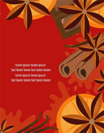 Red background with orange, cinnamon and chocolate. Mulled wine concept with space for text. Vector illustration Stock Photo - Budget Royalty-Free & Subscription, Code: 400-08929802