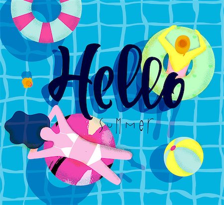 simsearch:400-08378379,k - Hello summer poster with pool and people swimming on the swim ring, bright colorful modern style Stockbilder - Microstock & Abonnement, Bildnummer: 400-08929816