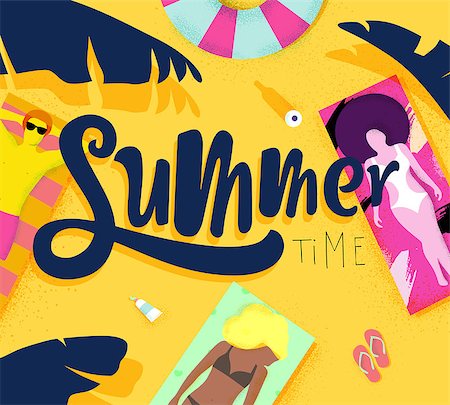 simsearch:400-08378379,k - Summer time poster with beach and lying on deck chair people on the sun, bright colorful modern style Stockbilder - Microstock & Abonnement, Bildnummer: 400-08929821