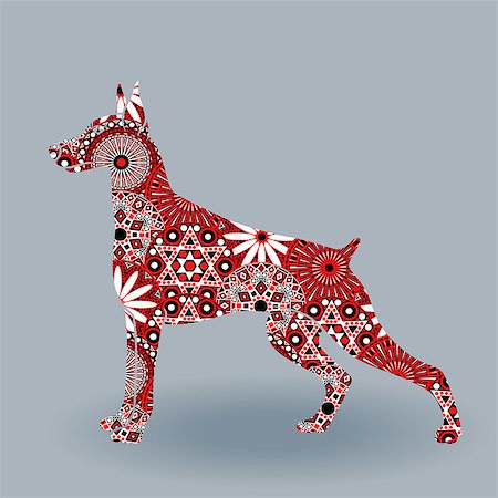 simsearch:400-08920017,k - Alert Dog of Doberman breed, vector silhouette fill with stylized flowers in red, white and black colors on a grey background Stockbilder - Microstock & Abonnement, Bildnummer: 400-08920015