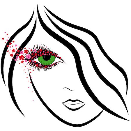 female hair style sketching - Abstract girl stylish face with green eye and with spraying pink and red sakura florets on eyelashes, hand drawing vector illustration Stock Photo - Budget Royalty-Free & Subscription, Code: 400-08920025