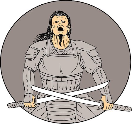 simsearch:400-08917792,k - Drawing sketch style illustration of an angry Samurai warrior looking up holding  swords in a cross position viewed from front set inside oval on isolated background. Photographie de stock - Aubaine LD & Abonnement, Code: 400-08920098