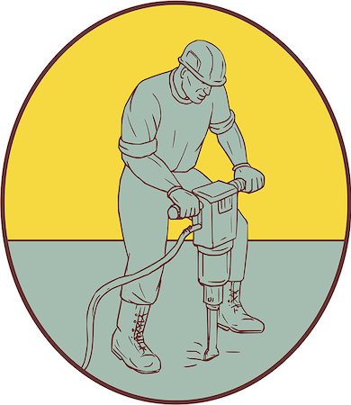 excavator drawing - Drawing sketch style illustration of a construction worker operating a jack hammer pneumatic drill drilling excavation work set inside oval shape on isolated background. Stock Photo - Budget Royalty-Free & Subscription, Code: 400-08920099