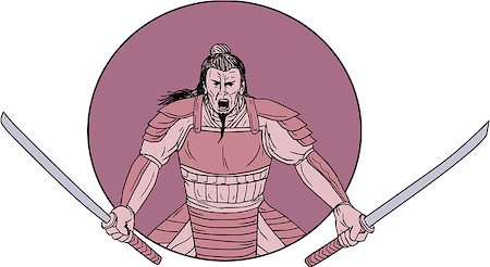simsearch:400-08920013,k - Drawing sketch style illustration of a raging Samurai warrior holding two swords viewed from front set inside oval on isolated background. Foto de stock - Royalty-Free Super Valor e Assinatura, Número: 400-08920100