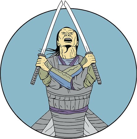 simsearch:400-08623964,k - Drawing sketch style illustration of a Samurai warrior holding two swords with arms crossed looking up viewed from front set inside circle on isolated background. Foto de stock - Royalty-Free Super Valor e Assinatura, Número: 400-08920101