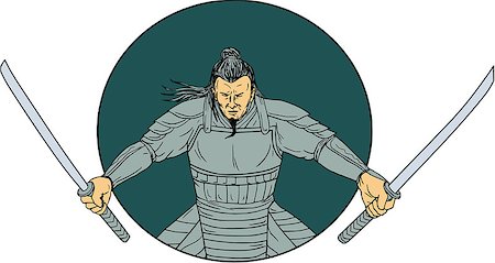 simsearch:400-08917792,k - Drawing sketch style illustration of a Samurai warrior wielding two swords viewed from front set inside oval on isolated background. Photographie de stock - Aubaine LD & Abonnement, Code: 400-08920102