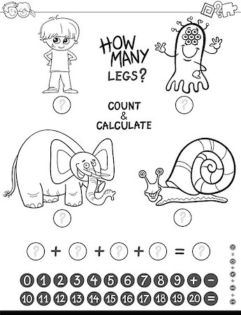 simsearch:400-08965109,k - Black and White Cartoon Illustration of Educational Mathematical Counting and Addition Activity for Kids with Funny Characters Coloring Page Stock Photo - Budget Royalty-Free & Subscription, Code: 400-08920143