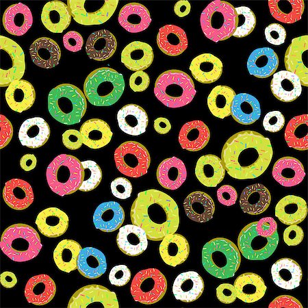 simsearch:400-07219167,k - Colorful Fresh Sweet Donuts Seamless Pattern on Black Background. Delicios Tasty Glazed Donut. Cream Yummy Cookie. Stock Photo - Budget Royalty-Free & Subscription, Code: 400-08934015