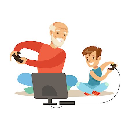Grandfather And Boy Playing Video Games, Part Of Grandparents Having Fun With Grandchildren Series. Different Generations Of Family Enjoying Time Together Vector Cartoon Illustration. Stock Photo - Budget Royalty-Free & Subscription, Code: 400-08934064