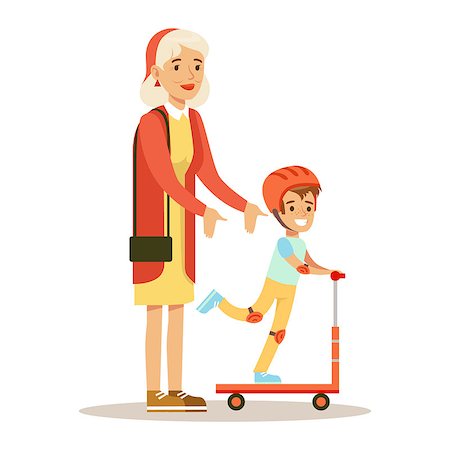 Grandmother Teaching Boy To Ride Scooter, Part Of Grandparents Having Fun With Grandchildren Series. Different Generations Of Family Enjoying Time Together Vector Cartoon Illustration. Stock Photo - Budget Royalty-Free & Subscription, Code: 400-08934079