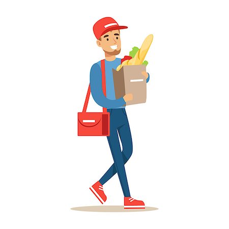 simsearch:400-07975467,k - Delivery Service Worker Carrying Paper Bag With Supermarket Products, Smiling Courier Delivering Packages Illustration. Vector Cartoon Male Character In Uniform Carrying Packed Objects With A Smile. Stock Photo - Budget Royalty-Free & Subscription, Code: 400-08934144
