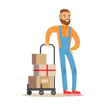 Beardy Delivery Service Worker With Loaded Cart, Smiling Courier Delivering Packages Illustration. Vector Cartoon Male Character In Uniform Carrying Packed Objects With A Smile. Stock Photo - Budget Royalty-Free & Subscription, Code: 400-08934147