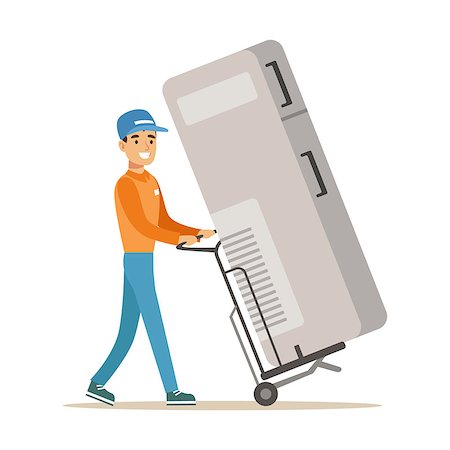 Delivery Service Worker With Large Fridge On Cart, Smiling Courier Delivering Packages Illustration. Vector Cartoon Male Character In Uniform Carrying Packed Objects With A Smile. Stock Photo - Budget Royalty-Free & Subscription, Code: 400-08934148