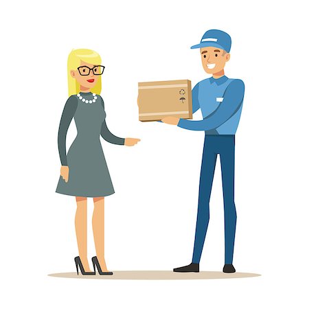 Delivery Service Worker Bringing The Box To Blond Woman, Smiling Courier Delivering Packages Illustration. Vector Cartoon Male Character In Uniform Carrying Packed Objects With A Smile. Stock Photo - Budget Royalty-Free & Subscription, Code: 400-08934155