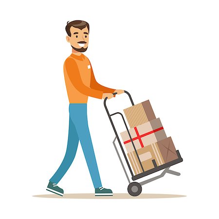 Delivery Service Worker Driving Cart With Pile Of Boxes, Smiling Courier Delivering Packages Illustration. Vector Cartoon Male Character In Uniform Carrying Packed Objects With A Smile. Stock Photo - Budget Royalty-Free & Subscription, Code: 400-08934153
