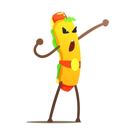 simsearch:400-08554549,k - Hot Dog In Champion Belt Street Fighter, Fast Food Bad Guy Cartoon Character Fighting Illustration. Junk Food Menu Item With Evil Face Looking For A Fight Vector Drawing. Fotografie stock - Microstock e Abbonamento, Codice: 400-08934191