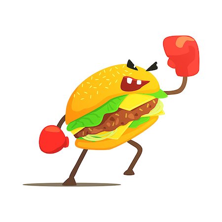 simsearch:400-08554549,k - Burger Sandwich Box Fighter In Gloves, Fast Food Bad Guy Cartoon Character Fighting Illustration. Junk Food Menu Item With Evil Face Looking For A Fight Vector Drawing. Fotografie stock - Microstock e Abbonamento, Codice: 400-08934193