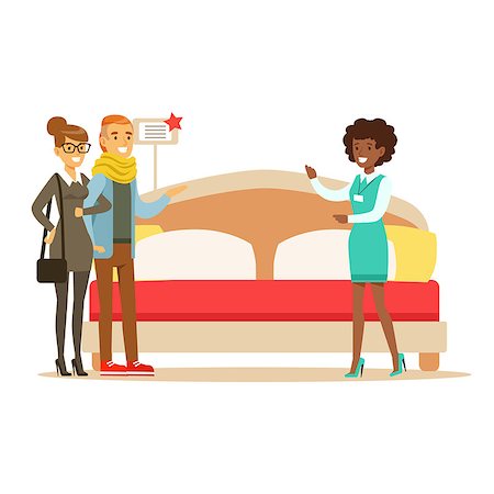 simsearch:400-08934220,k - Store Seller Demonstrating King Size Bed To Couple, Smiling Shopper In Furniture Shop Shopping For House Decor Elements. Cartoon Characters Looking For Home Interior Design Items In Shopping Mall. Stock Photo - Budget Royalty-Free & Subscription, Code: 400-08934225