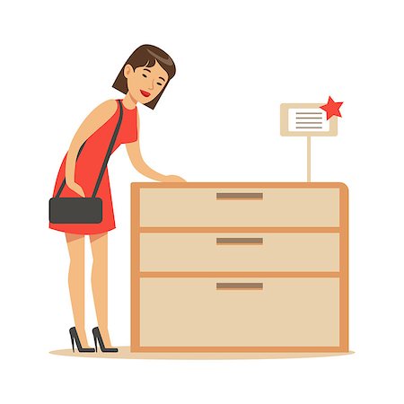 simsearch:400-08934220,k - Woman Buying A Wooden Dresser, Smiling Shopper In Furniture Shop Shopping For House Decor Elements. Cartoon Character Looking For Home Interior Design Items In Shopping Mall. Stock Photo - Budget Royalty-Free & Subscription, Code: 400-08934226