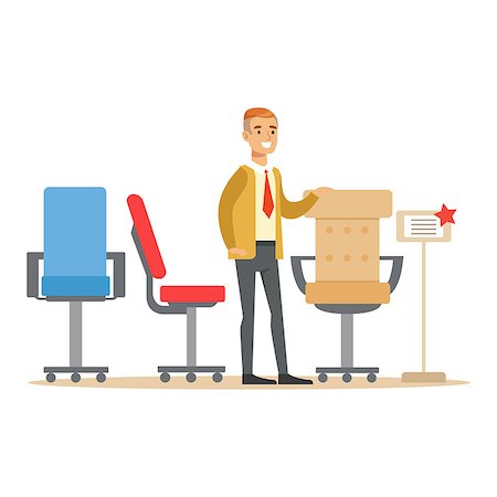 Man Choosing Comfortable Office Armchair, Smiling Shopper In Furniture Shop Shopping For House Decor Elements. Cartoon Character Looking For Home Interior Design Items In Shopping Mall. Foto de stock - Super Valor sin royalties y Suscripción, Código: 400-08934228