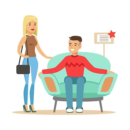 Couple Choosing Armchair For Living Room, Smiling Shopper In Furniture Shop Shopping For House Decor Elements. Cartoon Characters Looking For Home Interior Design Items In Shopping Mall. Stock Photo - Budget Royalty-Free & Subscription, Code: 400-08934229