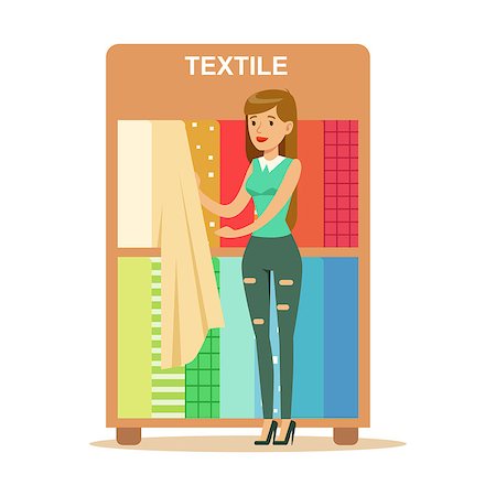 simsearch:400-08934220,k - Woman Choosing Textile Drapers, Smiling Shopper In Furniture Shop Shopping For House Decor Elements. Cartoon Character Looking For Home Interior Design Items In Shopping Mall. Stock Photo - Budget Royalty-Free & Subscription, Code: 400-08934220