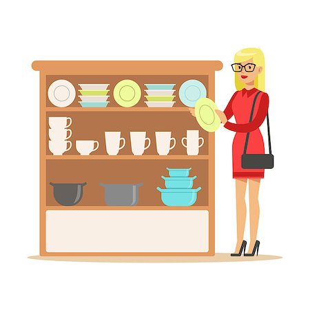 simsearch:400-08934220,k - Woman Choosing Tableware, Smiling Shopper In Furniture Shop Shopping For House Decor Elements. Cartoon Character Looking For Home Interior Design Items In Shopping Mall. Stock Photo - Budget Royalty-Free & Subscription, Code: 400-08934221