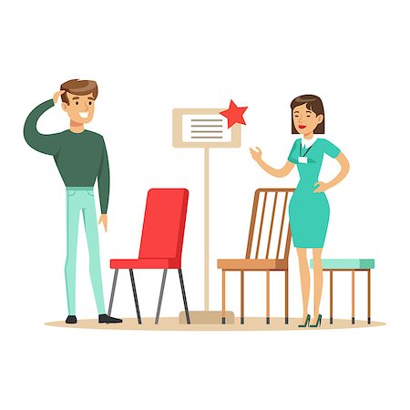 simsearch:400-08934220,k - Store Seller Showing Chair Assortment To Man, Smiling Shopper In Furniture Shop Shopping For House Decor Elements. Cartoon Characters Looking For Home Interior Design Items In Shopping Mall. Stock Photo - Budget Royalty-Free & Subscription, Code: 400-08934222