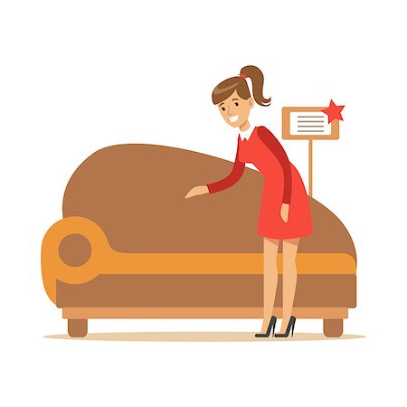 simsearch:400-08934220,k - Woman Buying Classy Brown Sofa, Smiling Shopper In Furniture Shop Shopping For House Decor Elements. Cartoon Character Looking For Home Interior Design Items In Shopping Mall. Stock Photo - Budget Royalty-Free & Subscription, Code: 400-08934234