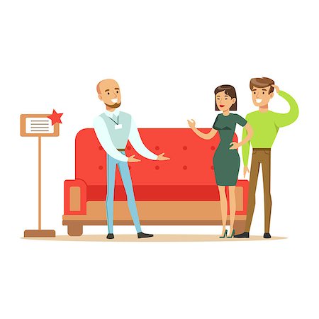 Store Seller Selling Red Sofa To Couple, Smiling Shopper In Furniture Shop Shopping For House Decor Elements. Cartoon Characters Looking For Home Interior Design Items In Shopping Mall. Stock Photo - Budget Royalty-Free & Subscription, Code: 400-08934235