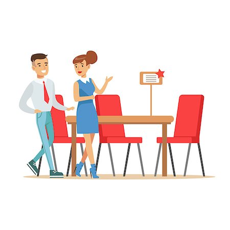Couple Buying Big Dining Table And Chairs For Dining Room, Smiling Shopper In Furniture Shop Shopping For House Decor Elements. Cartoon Characters Looking For Home Interior Design Items In Shopping Mall. Stock Photo - Budget Royalty-Free & Subscription, Code: 400-08934236