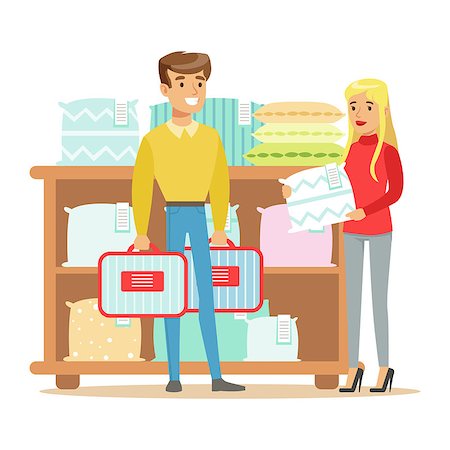 Couple Buying Bedsheets For Bedroom, Smiling Shopper In Furniture Shop Shopping For House Decor Elements. Cartoon Characters Looking For Home Interior Design Items In Shopping Mall. Stock Photo - Budget Royalty-Free & Subscription, Code: 400-08934232