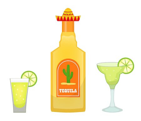 simsearch:400-04286082,k - Tequila bottle with glasses and pieces of lime icon flat, cartoon style isolated on white background. Vector illustration, clip art. Traditional Mexican drink Photographie de stock - Aubaine LD & Abonnement, Code: 400-08934411