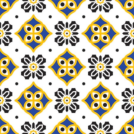 Black and yellow mediterranean seamless tile pattern. Geometric azulejos shapes vector texture for ceramic design, textile and wallpaper. Foto de stock - Super Valor sin royalties y Suscripción, Código: 400-08934479