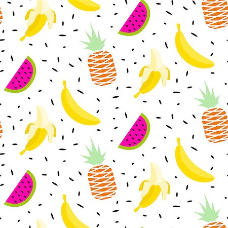 simsearch:400-09108602,k - Summer fruit pattern with bananas, pineapples and watermelon. Seamless vector tropical background. Juicy wrap texture for fabric and apparel. Stock Photo - Budget Royalty-Free & Subscription, Code: 400-08934501