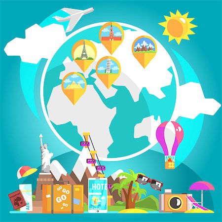 simsearch:400-05369356,k - Travelling Attributes With Glove And Marked Destinations On The Background Cool Colorful Vector Illustration In Stylized Geometric Cartoon Design Stock Photo - Budget Royalty-Free & Subscription, Code: 400-08934768